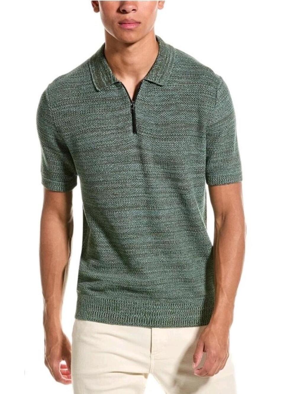 Ted Bake Men Textured Zip Polo Shirt  M Khaki Green sweater SIZE 5/XL Streach